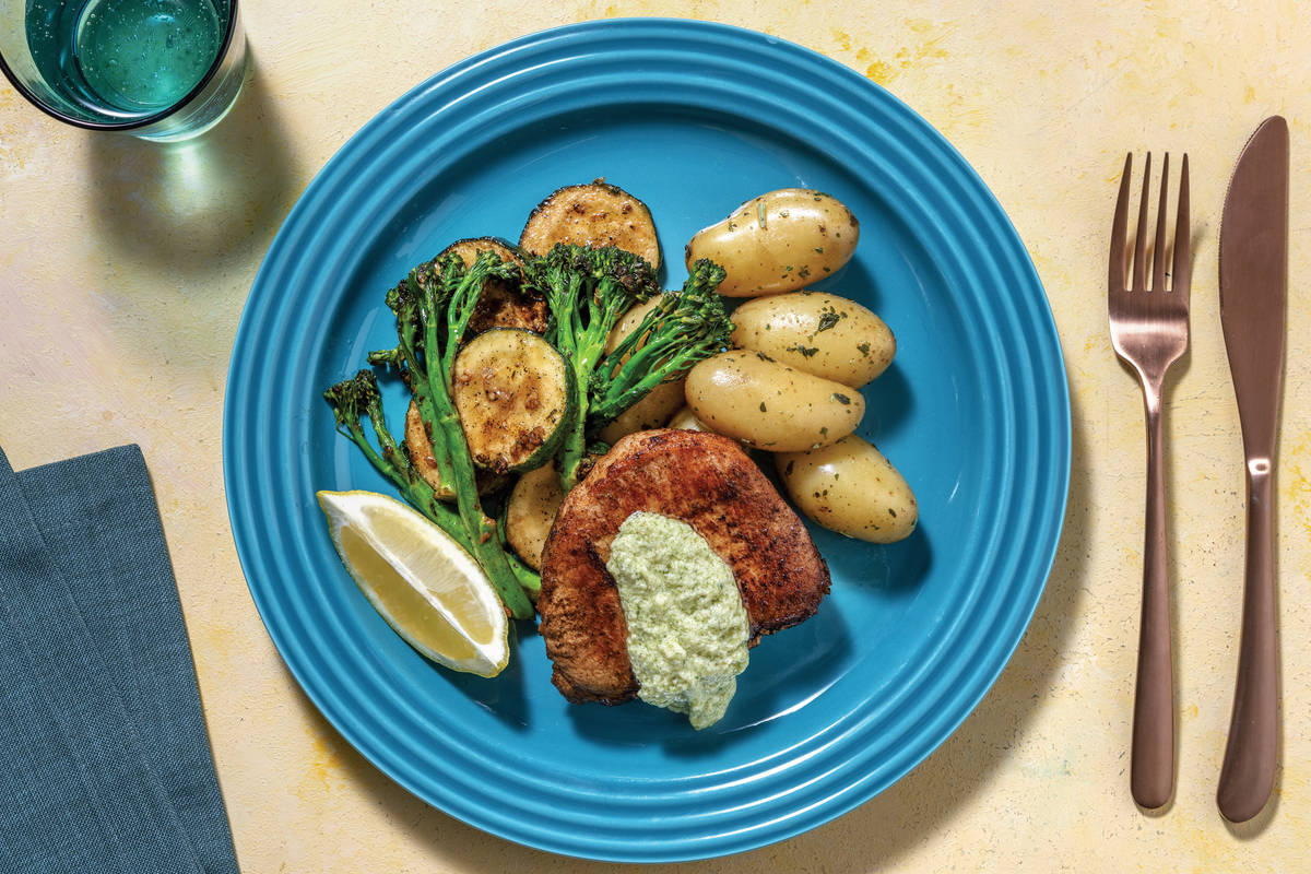 Pork Loin with Herby Potatoes & Garlicky Greens