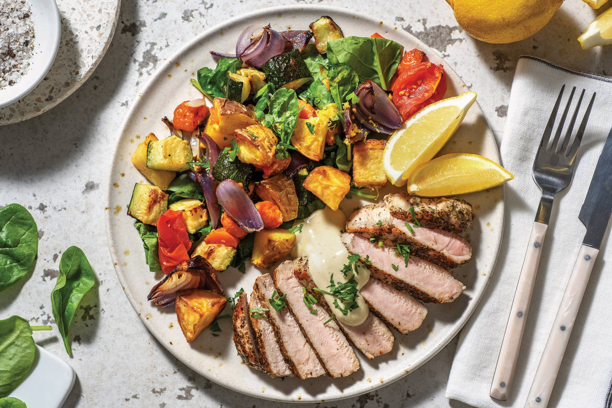 Garlicky Pork & Roast Veggie Salad with Dijon Yoghurt Dressing