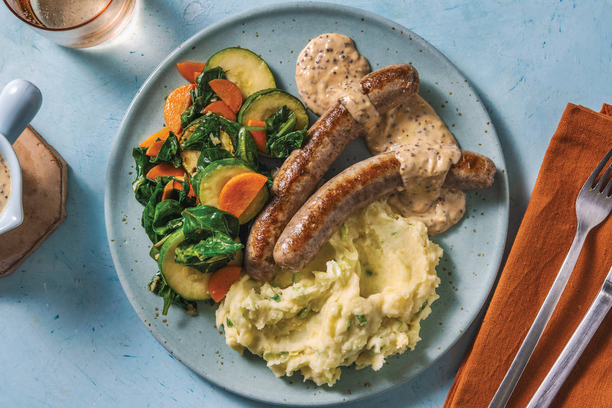 Pork Sausages & Creamy Mustard Sauce