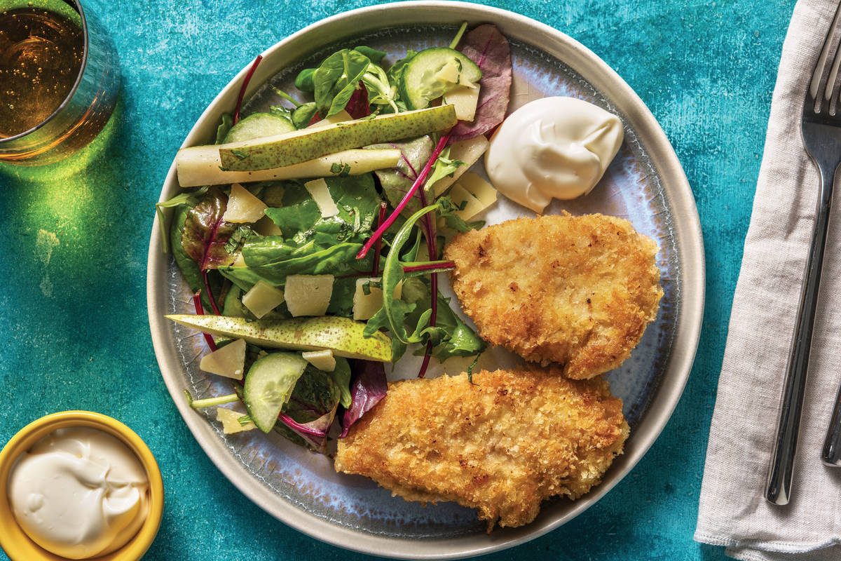 Chicken Schnitzel & Pear Parmesan Salad