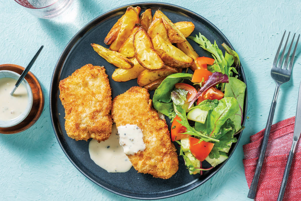 Pork Schnitzels & Creamy Peppercorn Sauce