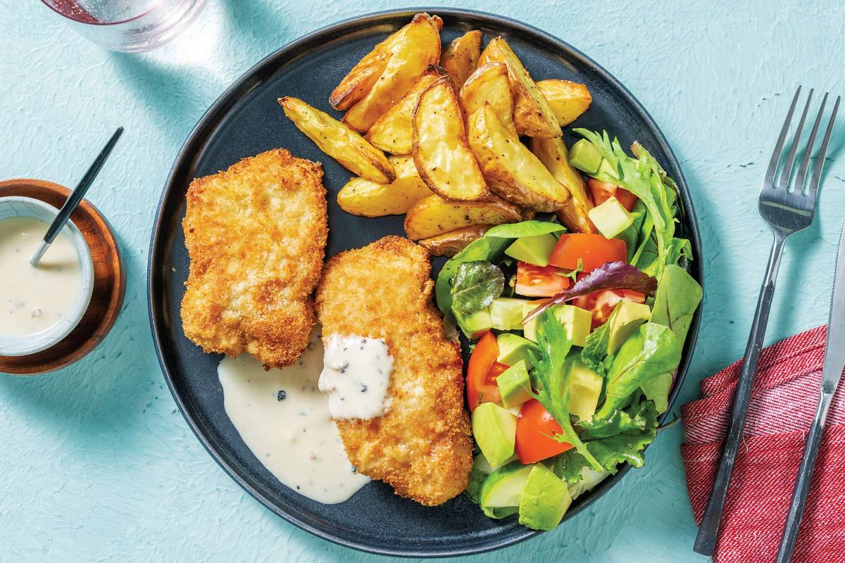 Pork Schnitzels & Creamy Peppercorn Sauce