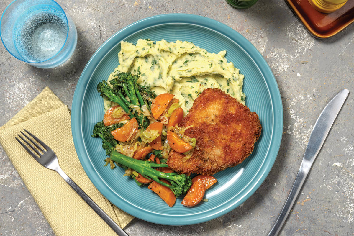 Pork Schnitzels & Herby Mash with Garlic Veggies & Hollandaise