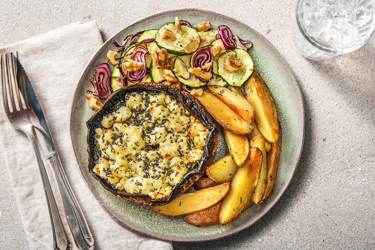Portobello met geitenkaas en walnoten