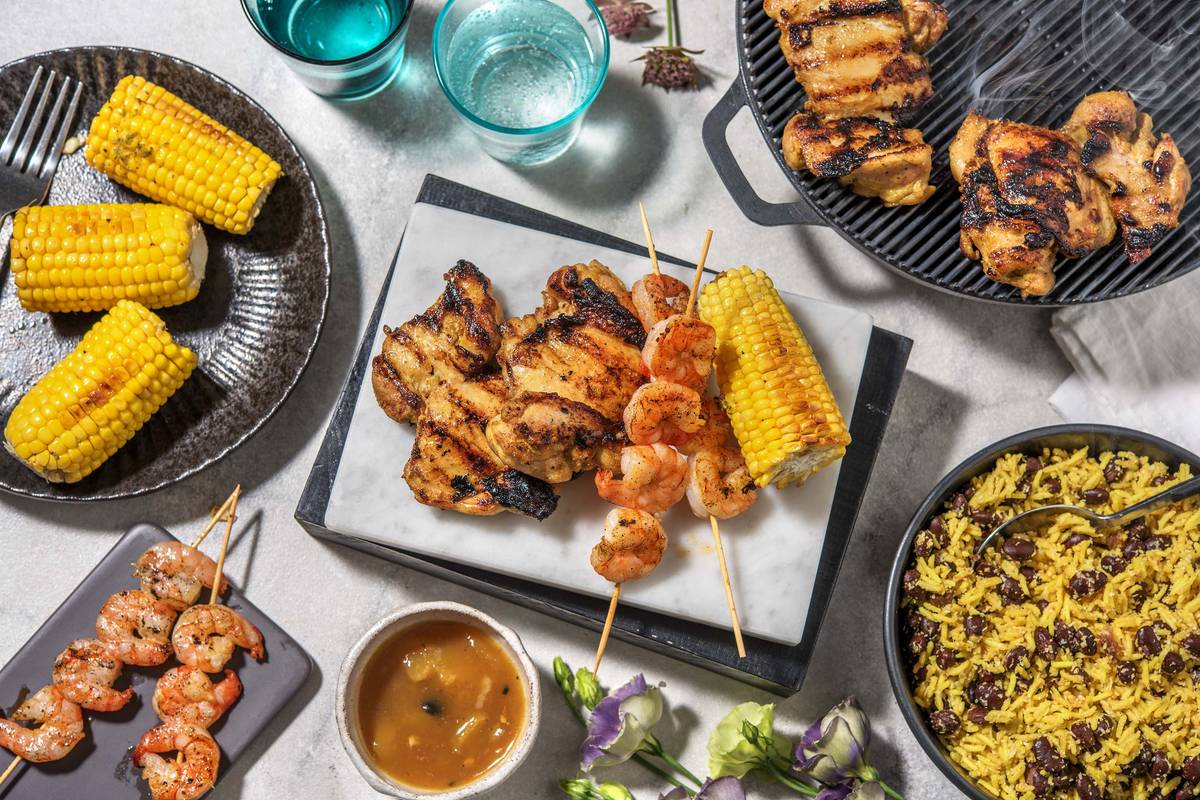 Poudre de Colombo Spiced Chicken Thighs and Prawn Skewers