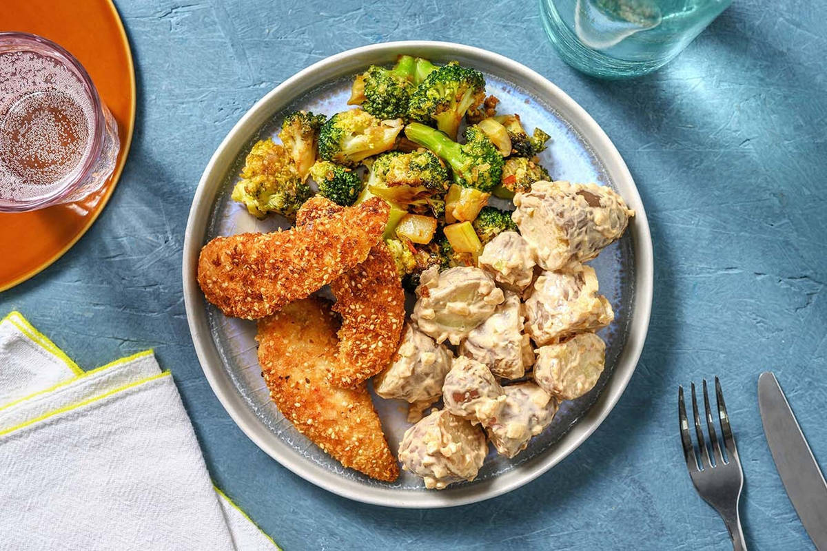Poulet pané au sésame et brocolis relevés