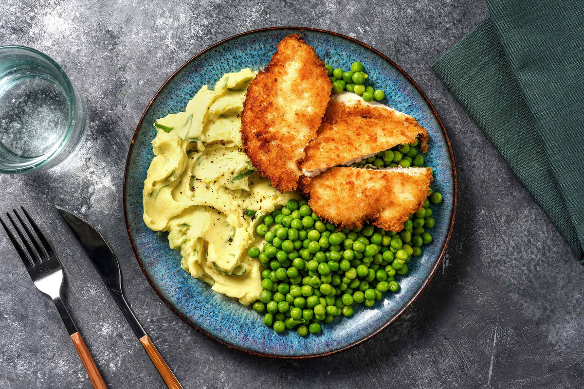 Poulet parmesan croustillant et purée aux herbes