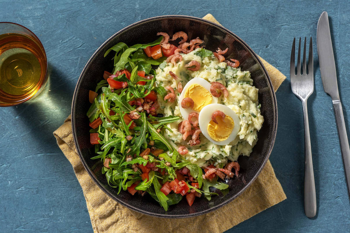 Kruidenpuree met noordzeegarnalen