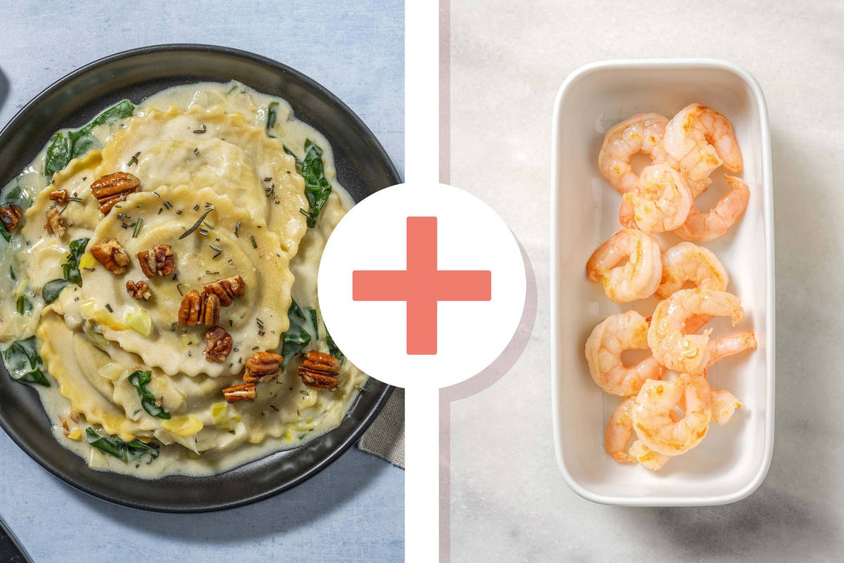 Squash Ravioli and Shrimp in Leek Sauce