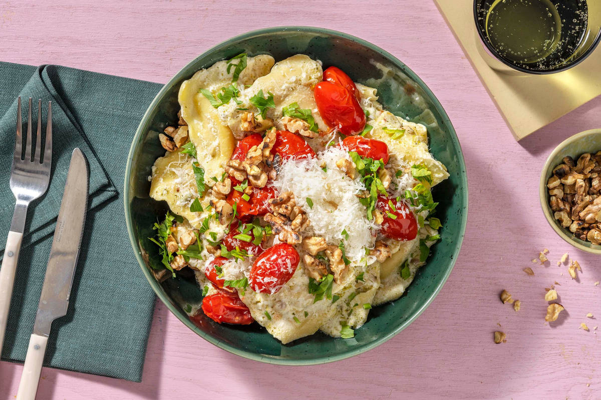 Mushroom Ravioli and Creamy Pesto Sauce