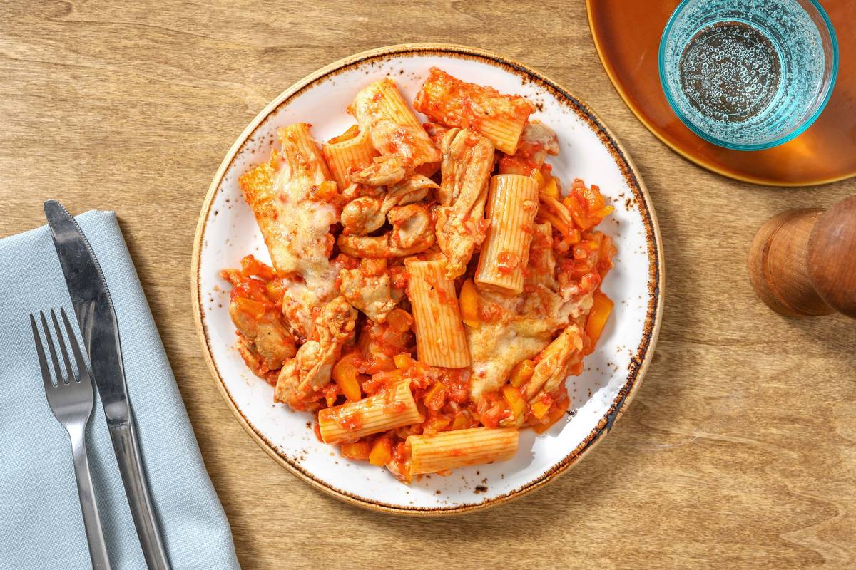 Rigatoni uit de oven met kippendijreepjes