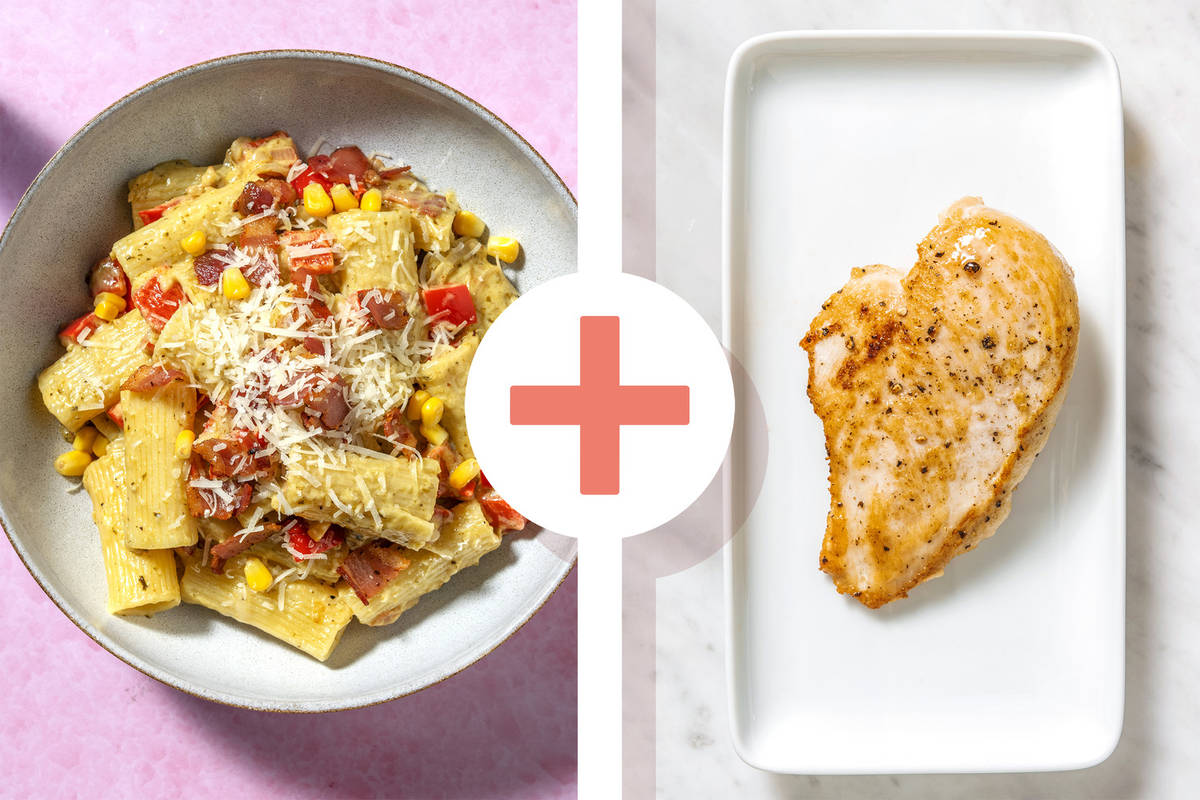 Rigatonis au fromage, aux poitrines de poulet et au pesto crémeux