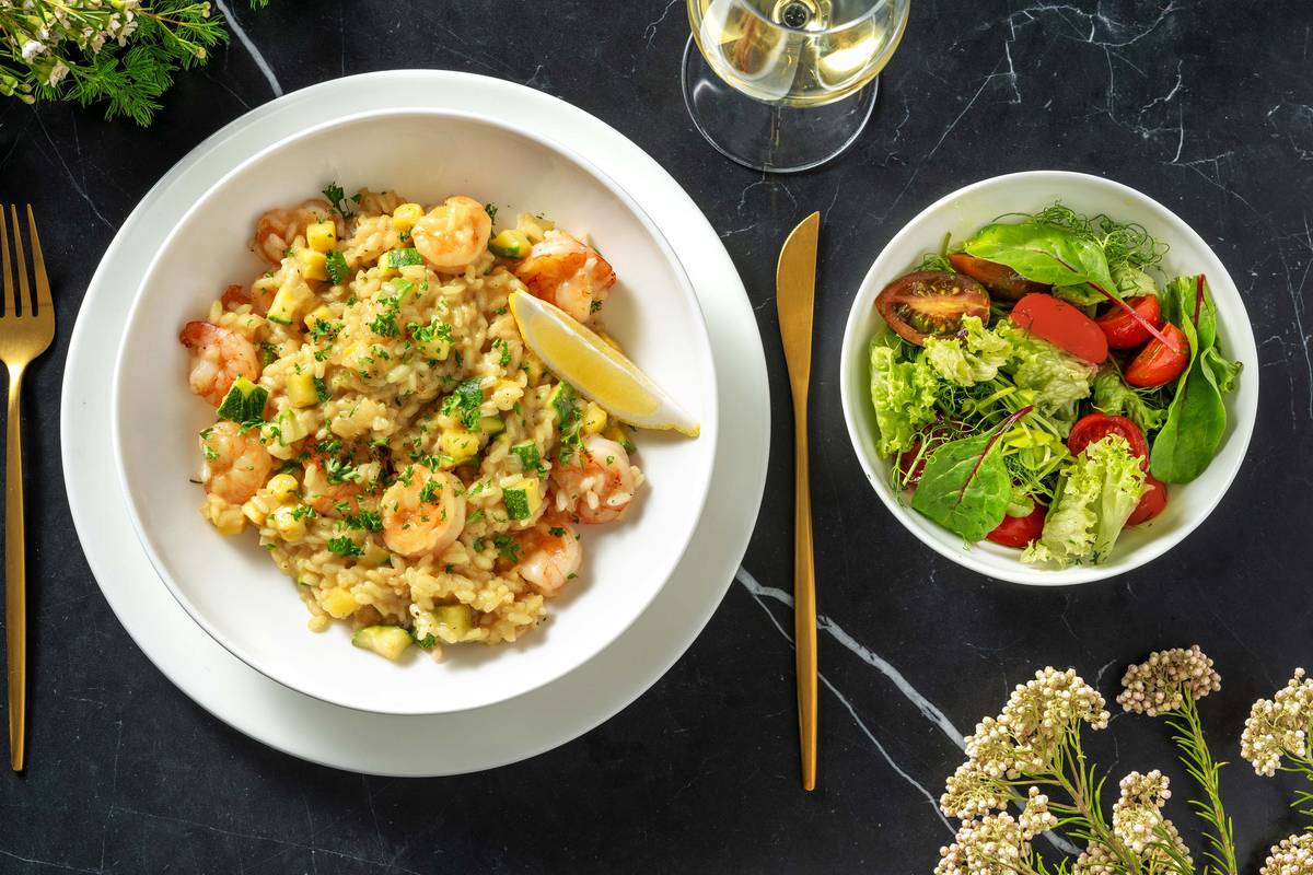 Rijke risotto in saffraanolie met garnalen
