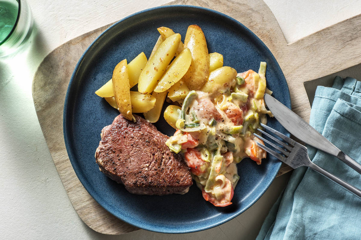 Rinderhüftsteak mit Knoblauch-Kartoffeln
