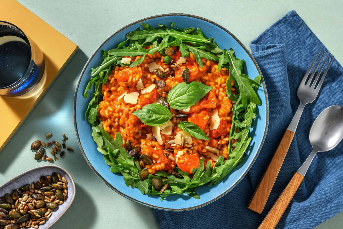 Tomatenrisotto met kokosmelk en basilicum