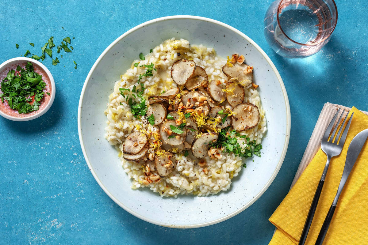 Risotto met comté kaas en krokante aardpeer