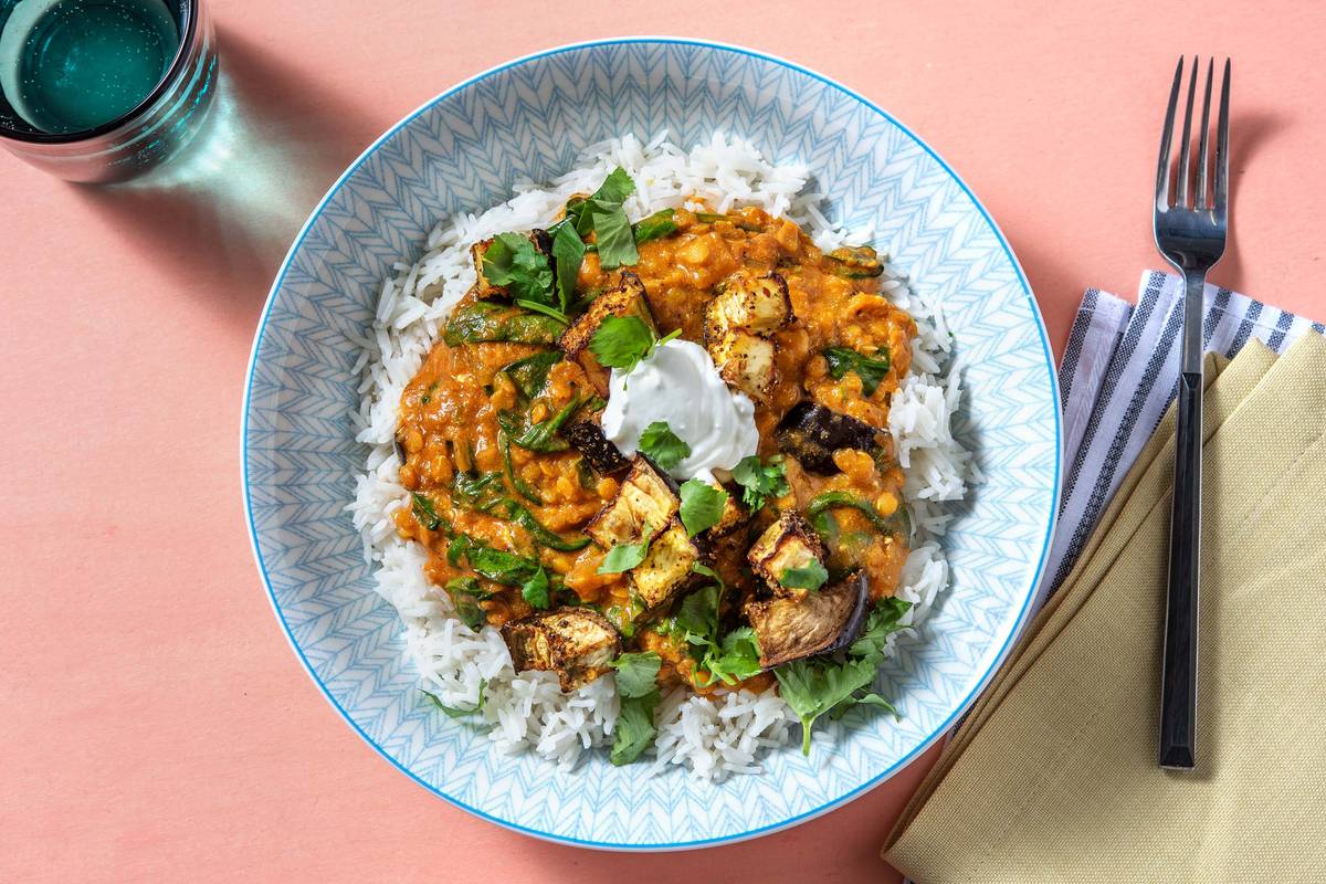 Roasted Aubergine and Spinach Dal