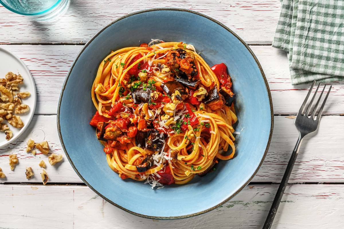 Roasted Pepper and Aubergine Linguine