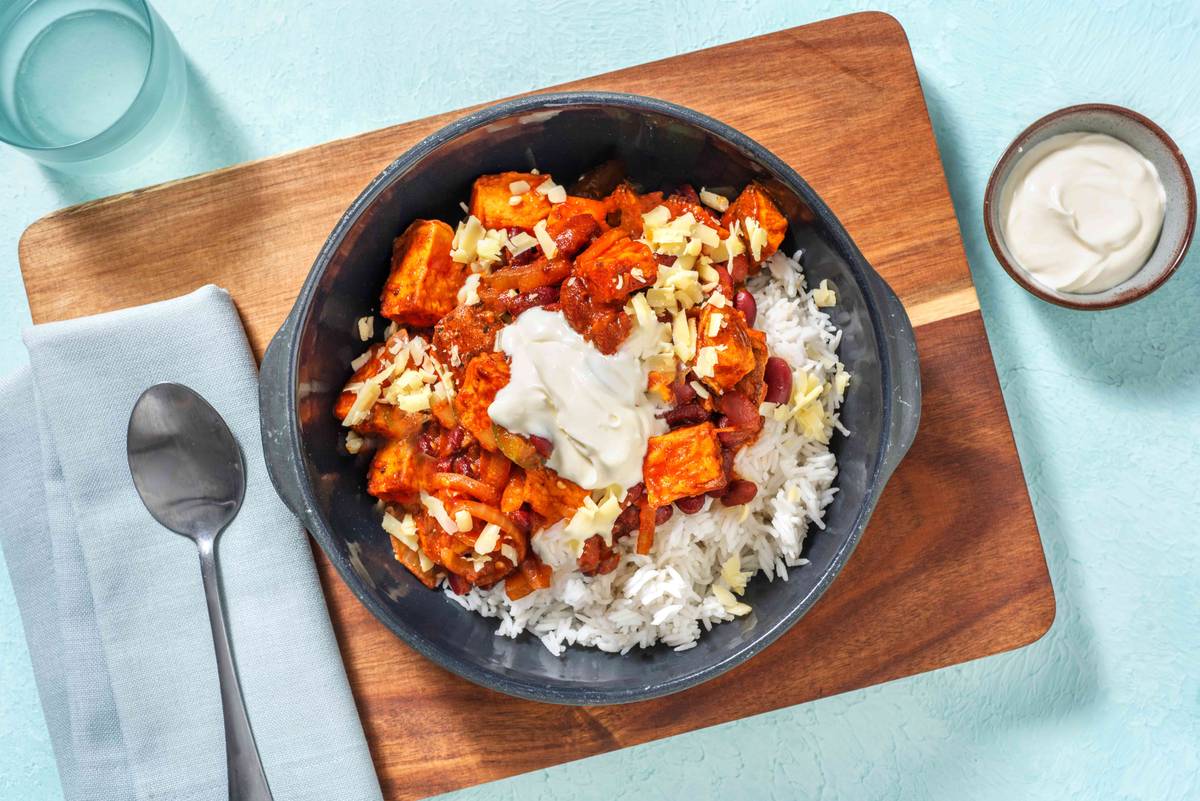 Roasted Sweet Potato, Beef Mince and Kidney Bean Chilli