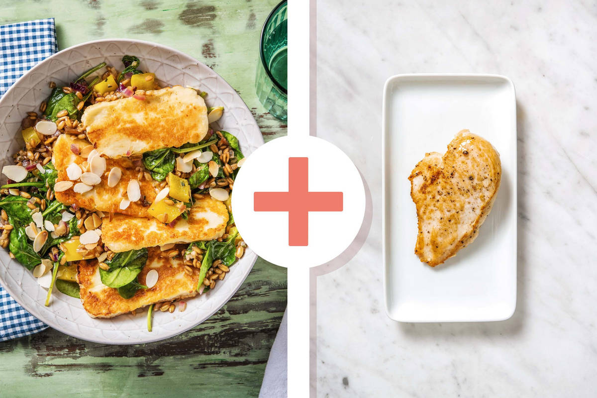 Salade de farro, poitrine de poulet et haloumi