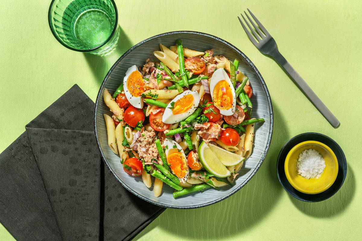 Pasta niçoise met tonijn en sperziebonen