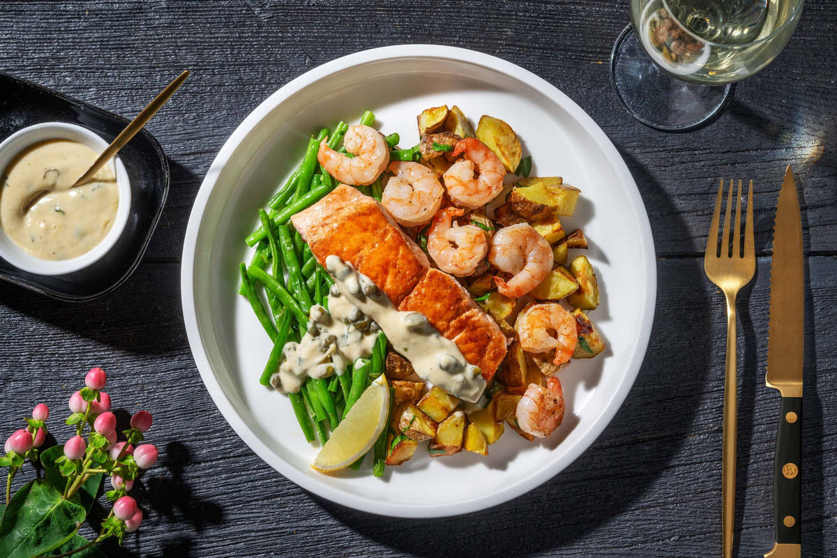 Salmon and Shrimp in Lemon-Caper Sauce