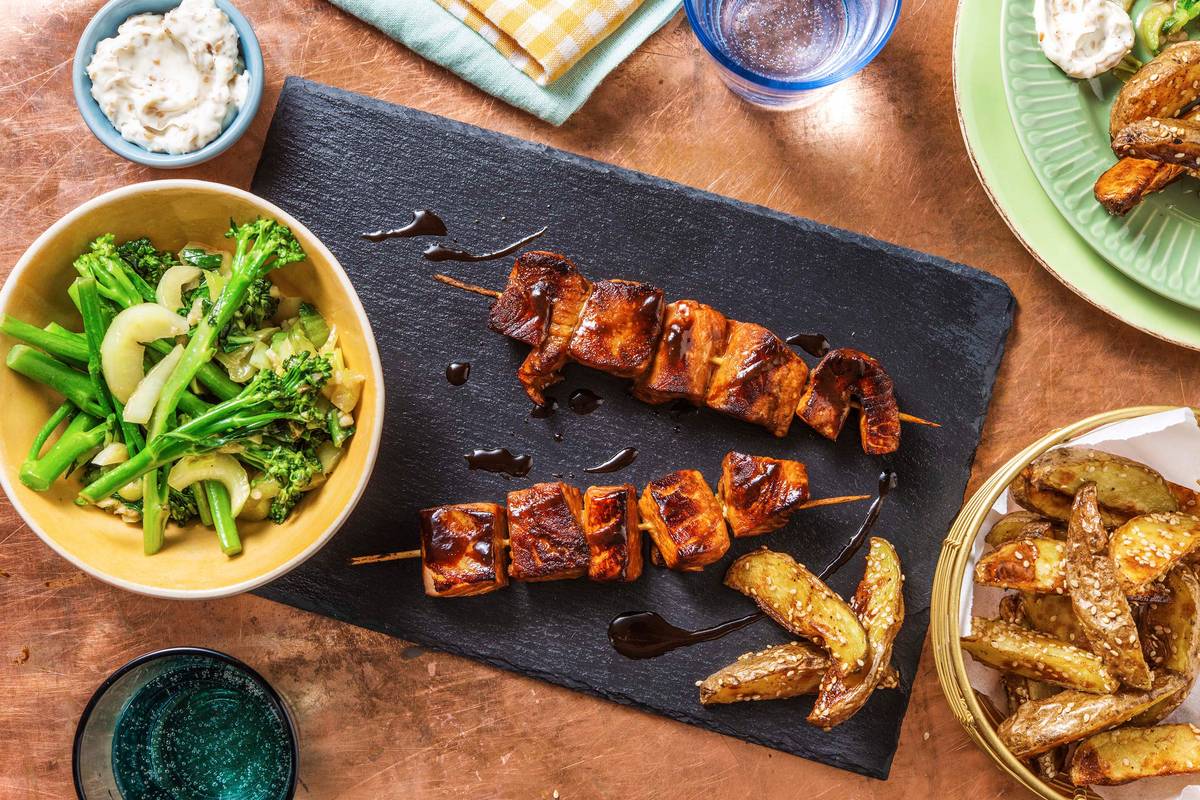 Salmon Teriyaki Skewers and Sesame Wedges