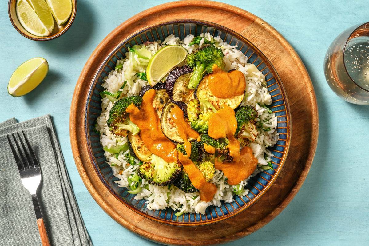 Satay Aubergine and Roasted Broccoli
