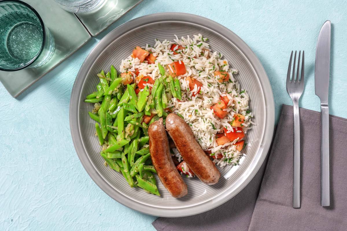 Saucisses de poulet et riz aux herbes