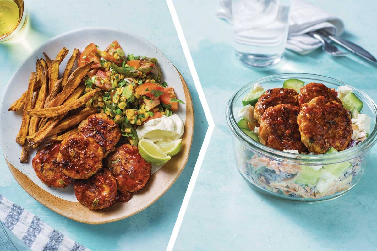 Dinner: Saucy Mexican Pork Rissoles with Sweet Potato Fries & Salsa