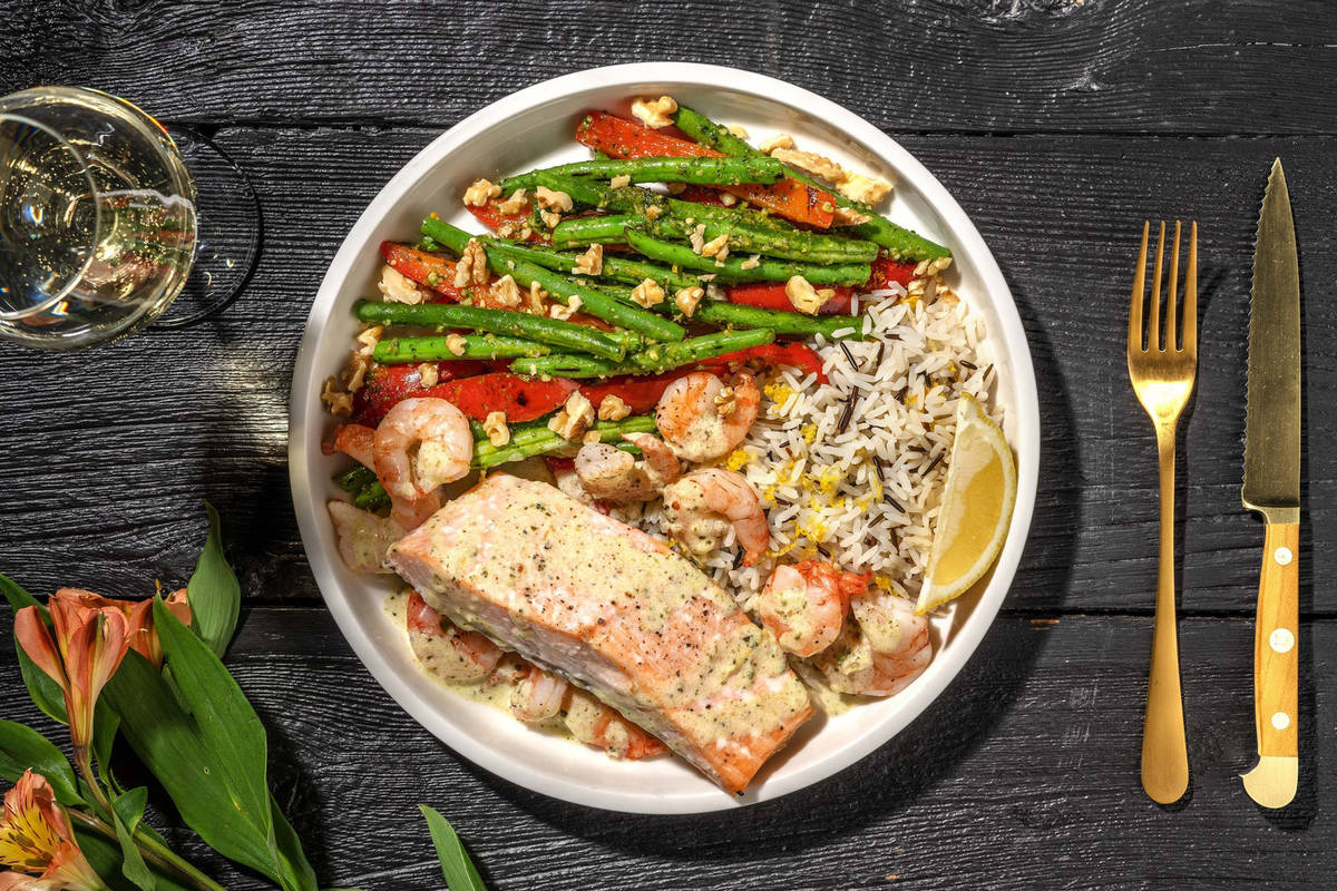 Creamy Pesto Salmon and Shrimp