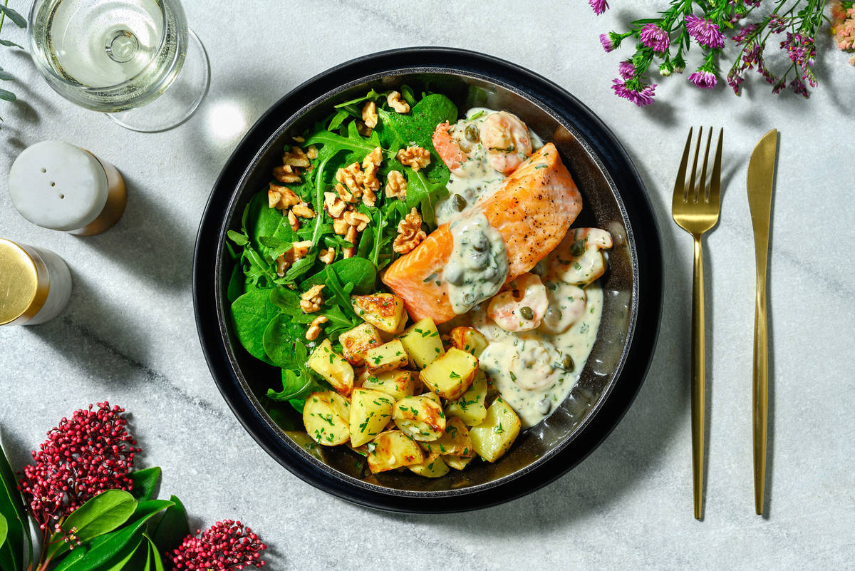 Salmon and Shrimp in Lemon-Caper Cream Sauce