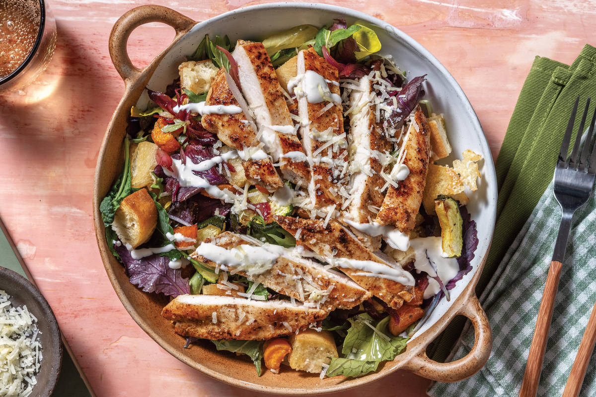 Seared Chicken, Garlic Crouton & Roast Veggie Salad