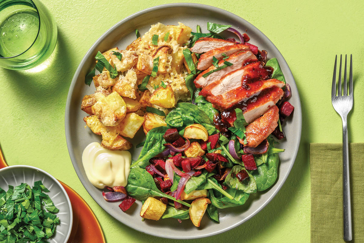 Cherry-Glazed Pork & Cheesy Potatoes with Roast Veggie Toss & Mayo