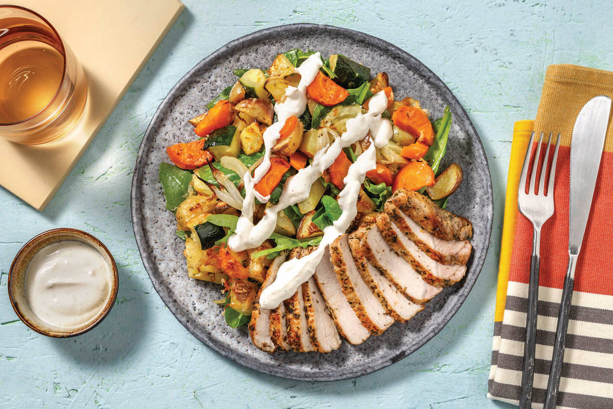 Seared Pork & Roast Veggie Toss