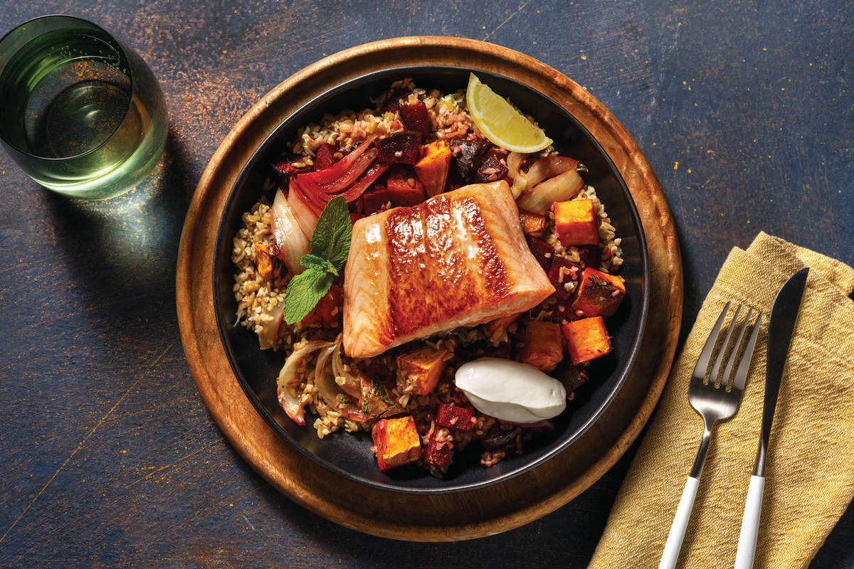 Seared Salmon & Freekeh Roast Veggie Salad