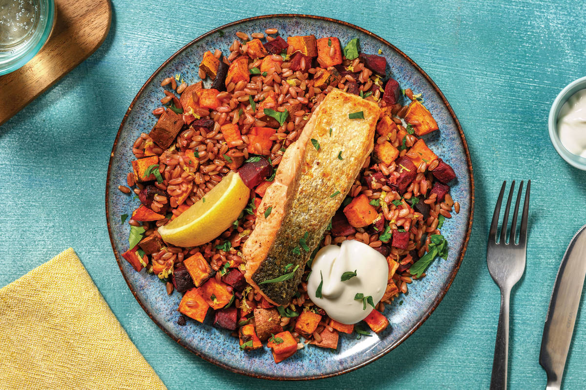 Moroccan Seared Salmon & Freekeh Salad