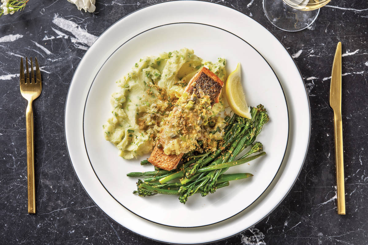 Seared Salmon & Leek-Caper Sauce