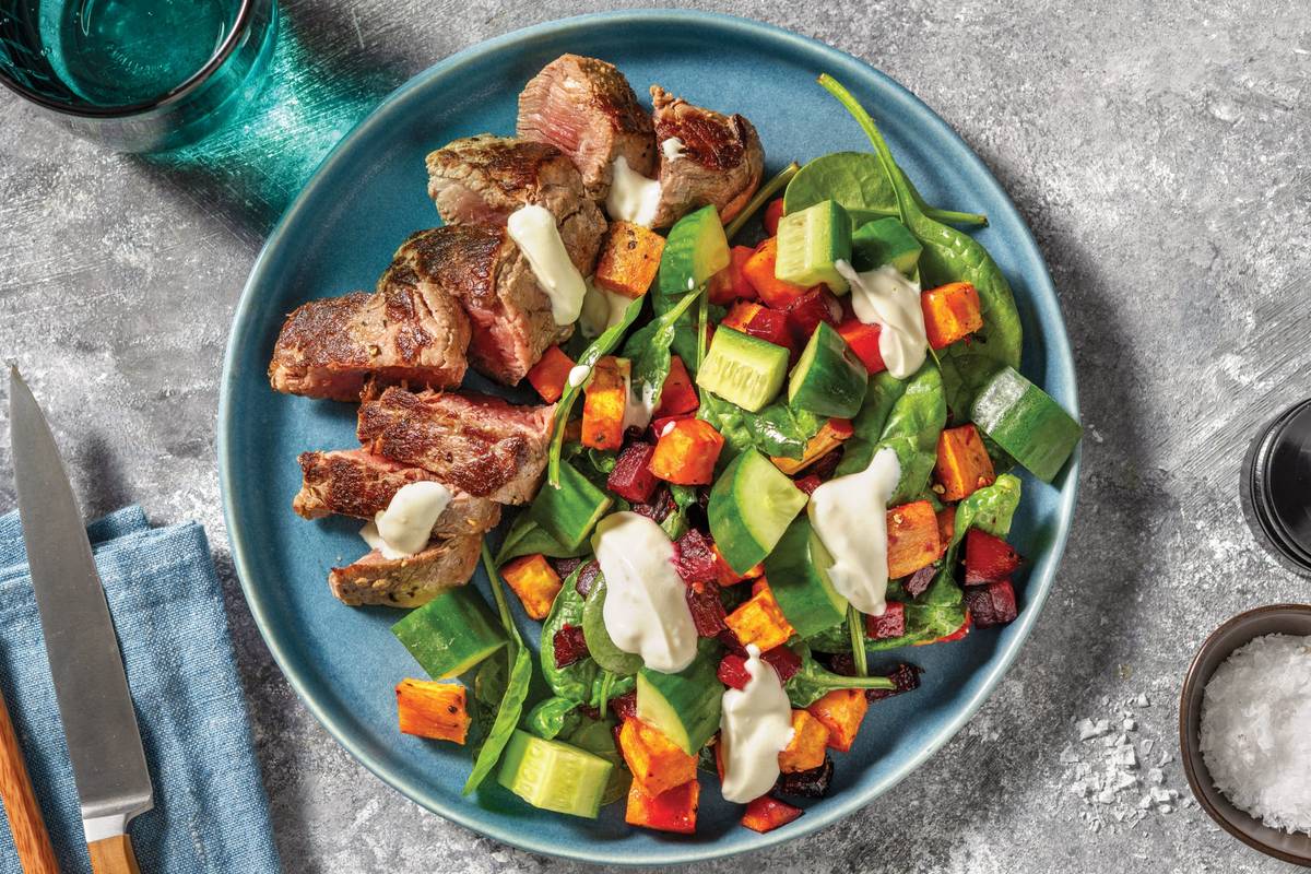 Seared Steak, Halloumi & Roasted Kūmara Toss
