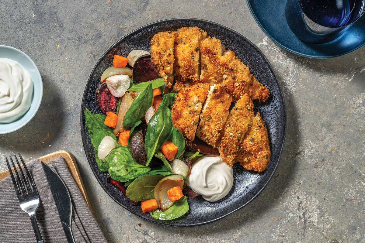 Seed-Crusted Chicken & Roast Veggie Toss