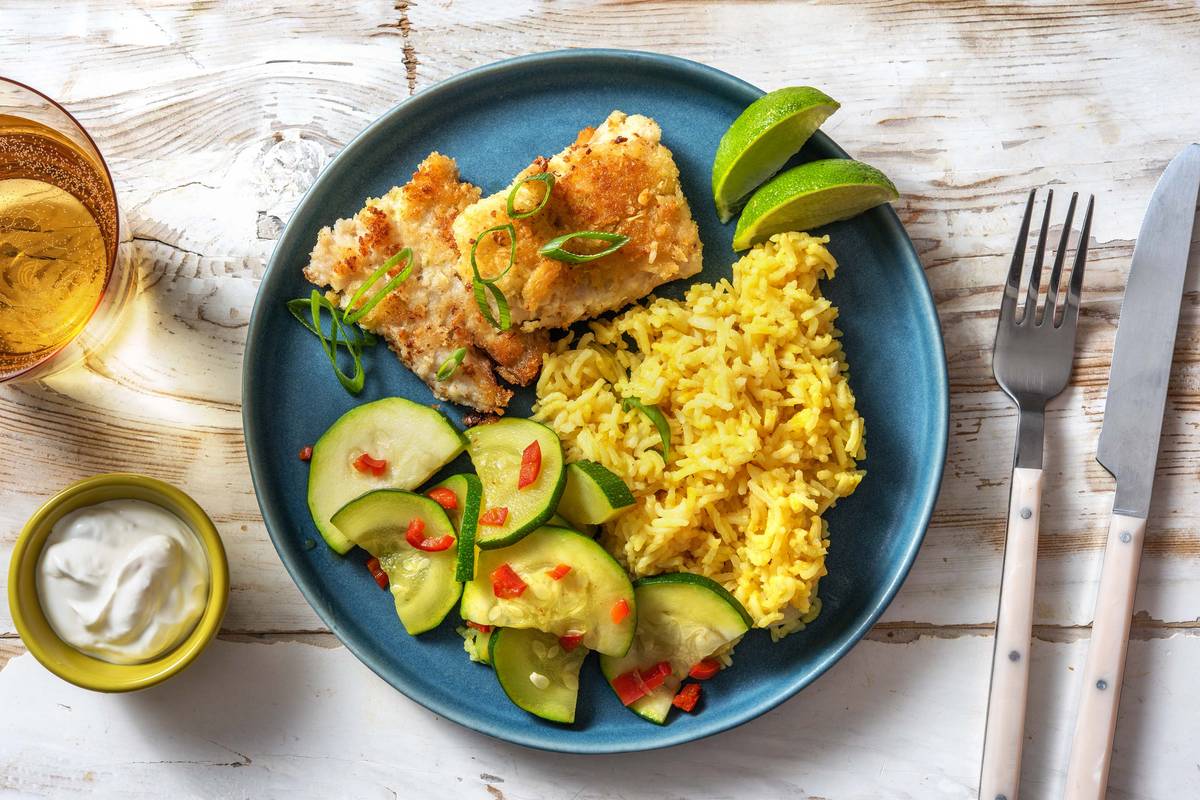 Seehecht in Kokos-Panko mit Curryreis