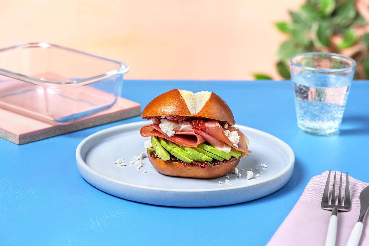 Serrano, Avocado and Cheese Pretzel Bun