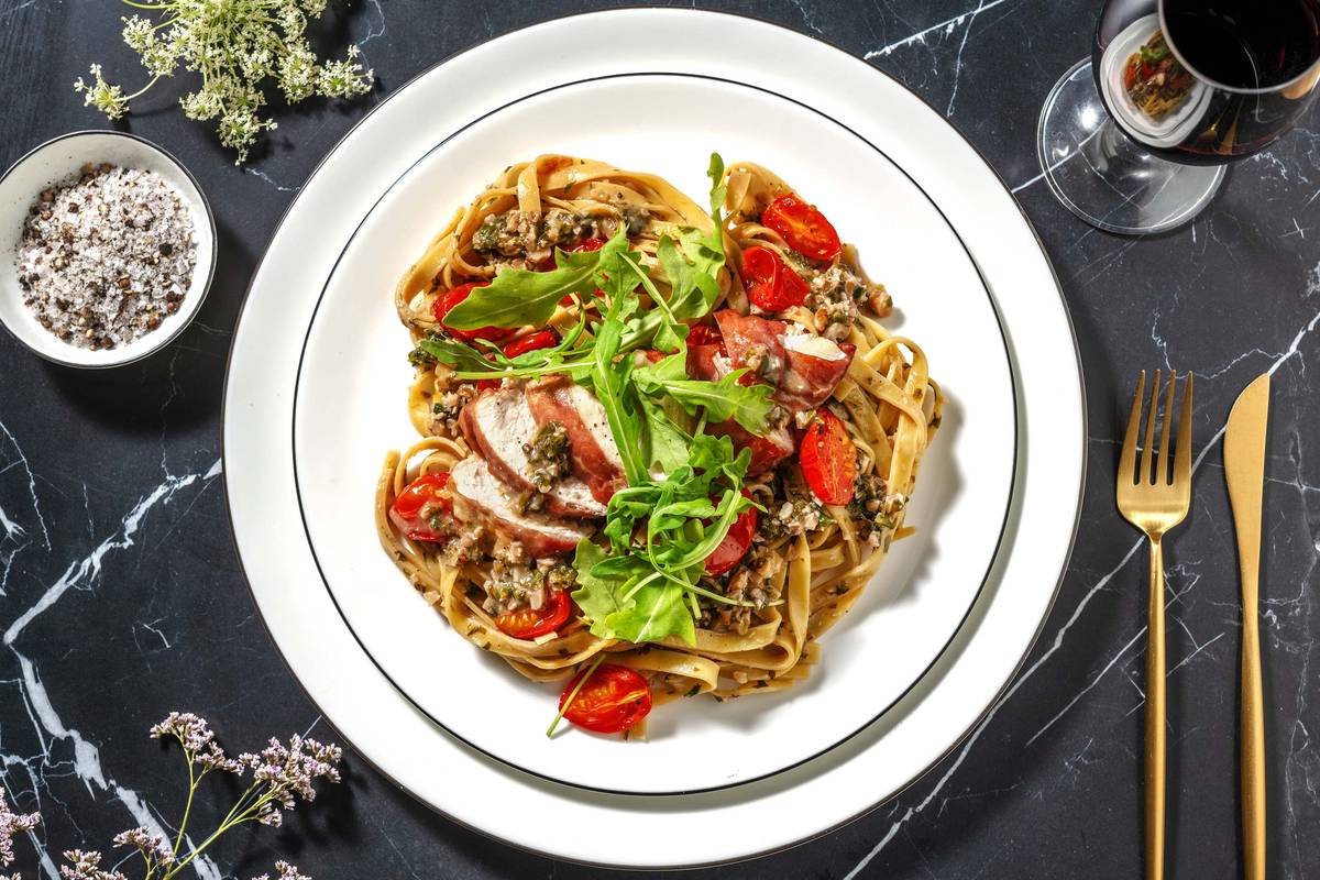 Serrano Ham Wrapped Chicken Breast on Tagliatelle