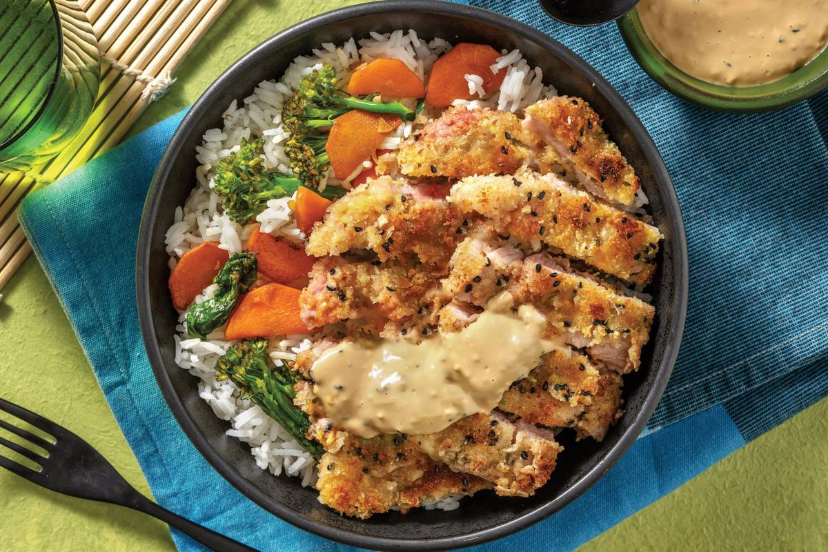 Sesame-Crumbed Pork & Soy Veggies