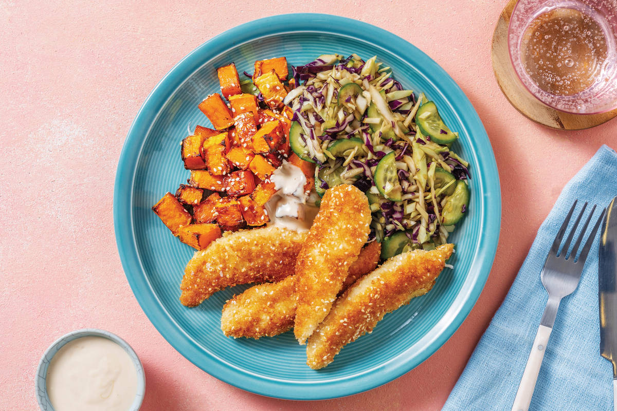 Sweet-Soy Crumbed Chicken & Sesame Kumara