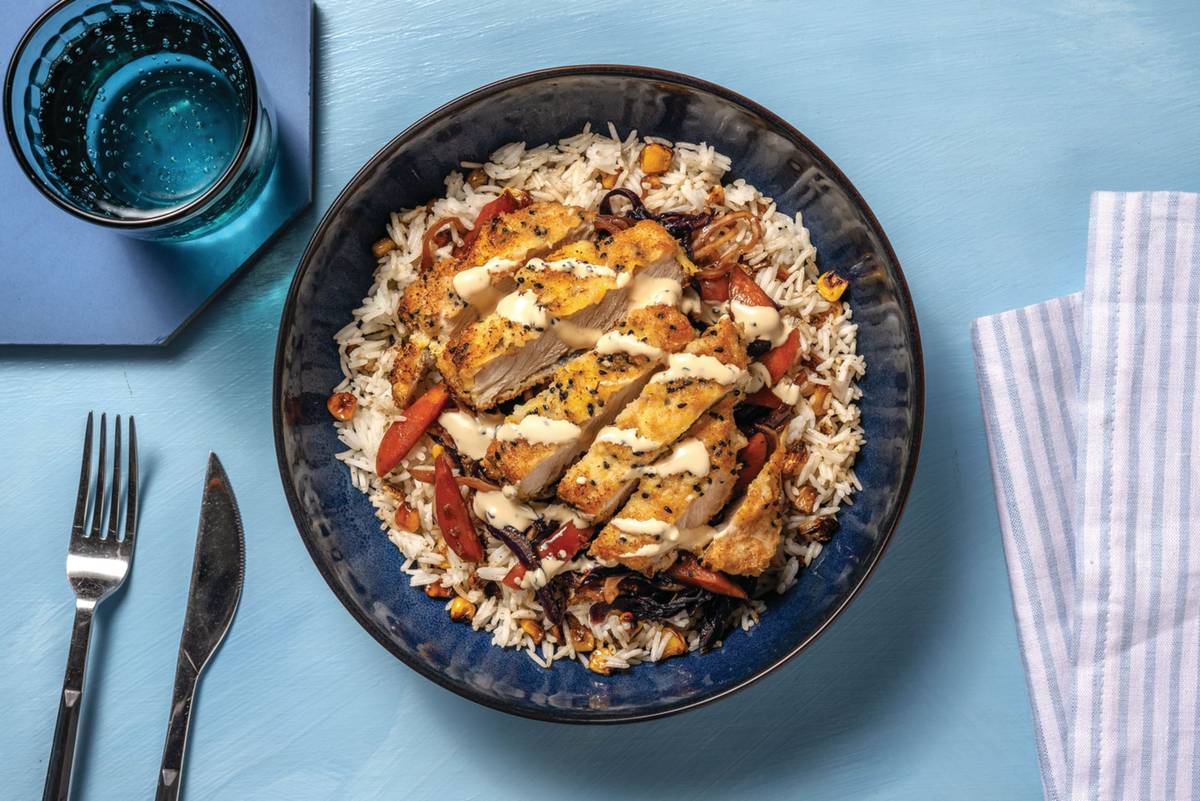Sesame Pork Schnitzel & Corn-Studded Rice