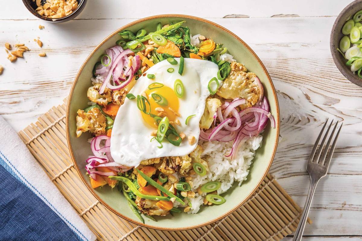Asian BBQ Cauliflower Bibimbap with Pickled Cucumber