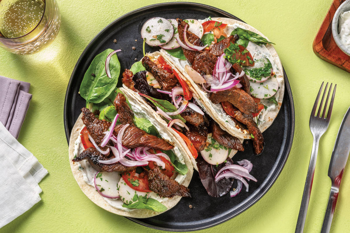 Quick Shawarma Beef Tacos & Pickled Onion