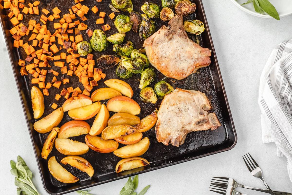 Smart Pork Chop and Roasted Veggie Tray-bake
