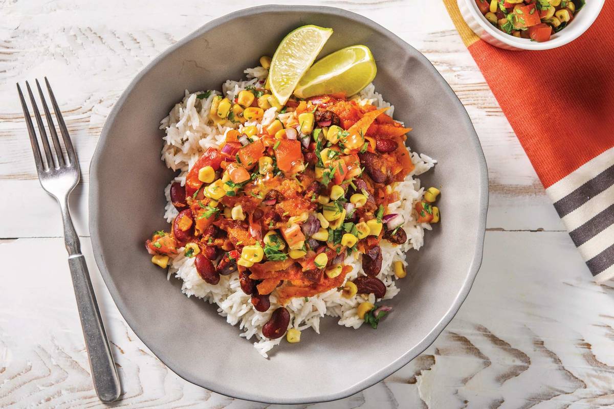 Smokey Bean Chilli with Corn Salsa and Coconut Rice
